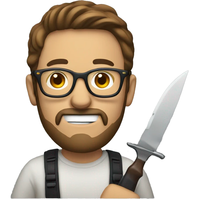 man watching stream with toy knifes in his hands. He wears glasses and have brown hair and beard emoji