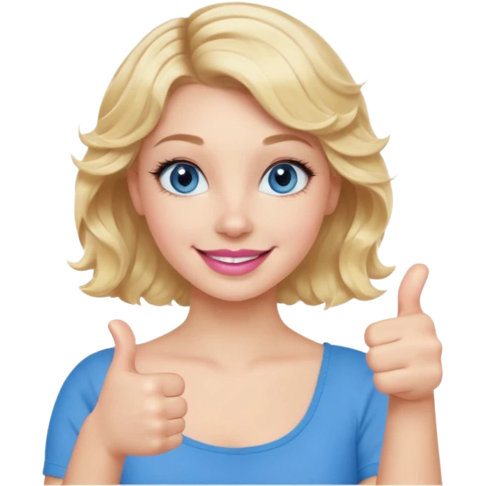 Girl Blonde short wavy hair,  blue eyes, cute blue top, long lashes, pink lips, smiling, thumbs up emoji