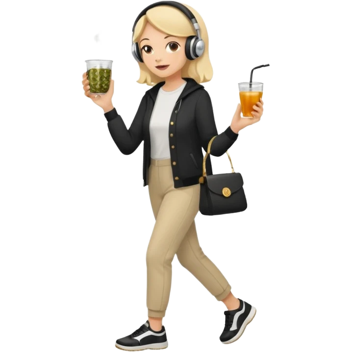 a young woman full length walks with headphones on with a caviar toast in one hand and herbal tea in the other hand emoji