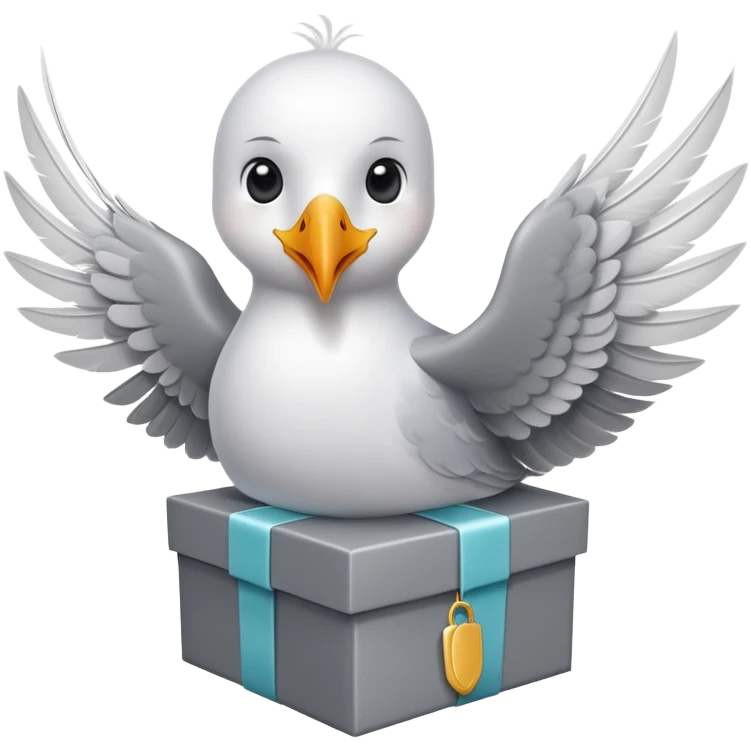 The cartoon seagull takes gift box in his wings emoji