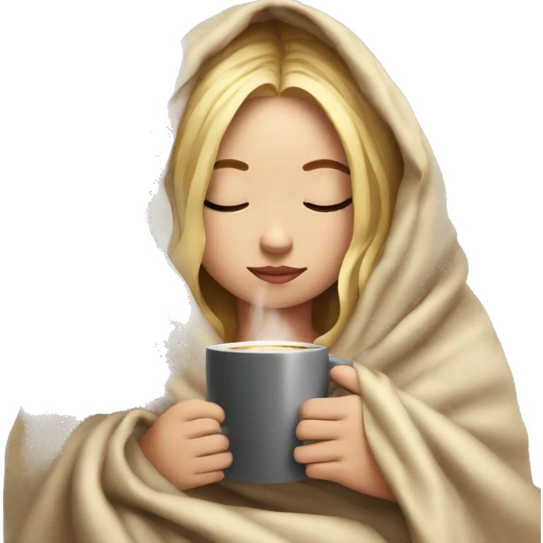 girl inside a blanket sipping coffee eyes closed blonde emoji