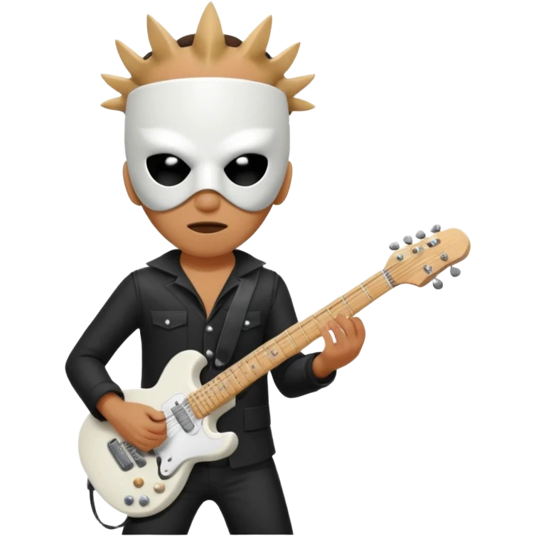 A quirky emoji-style character of a guitarist wearing a white bucket on his head, with two eye holes, a blank expression, and a small theatrical mask on the bucket. He’s holding an electric guitar, dressed in a simple black outfit, giving off a mysterious but playful rock legend vibe. emoji