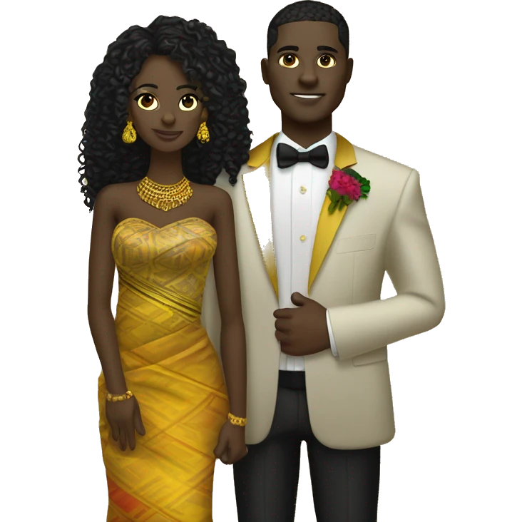 Ghanaian bride with black long curly hair and groom with black short curly hair. Gold jewelry and gold head with kente one shoulder dress. Kente cloth emoji