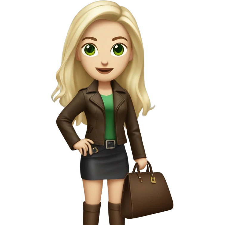 Realistic White woman with Long straight blonde hair and green eyes, dark Brown oversize leather jacket, mini skirt and Brown heeled leather boots, holding handbag emoji