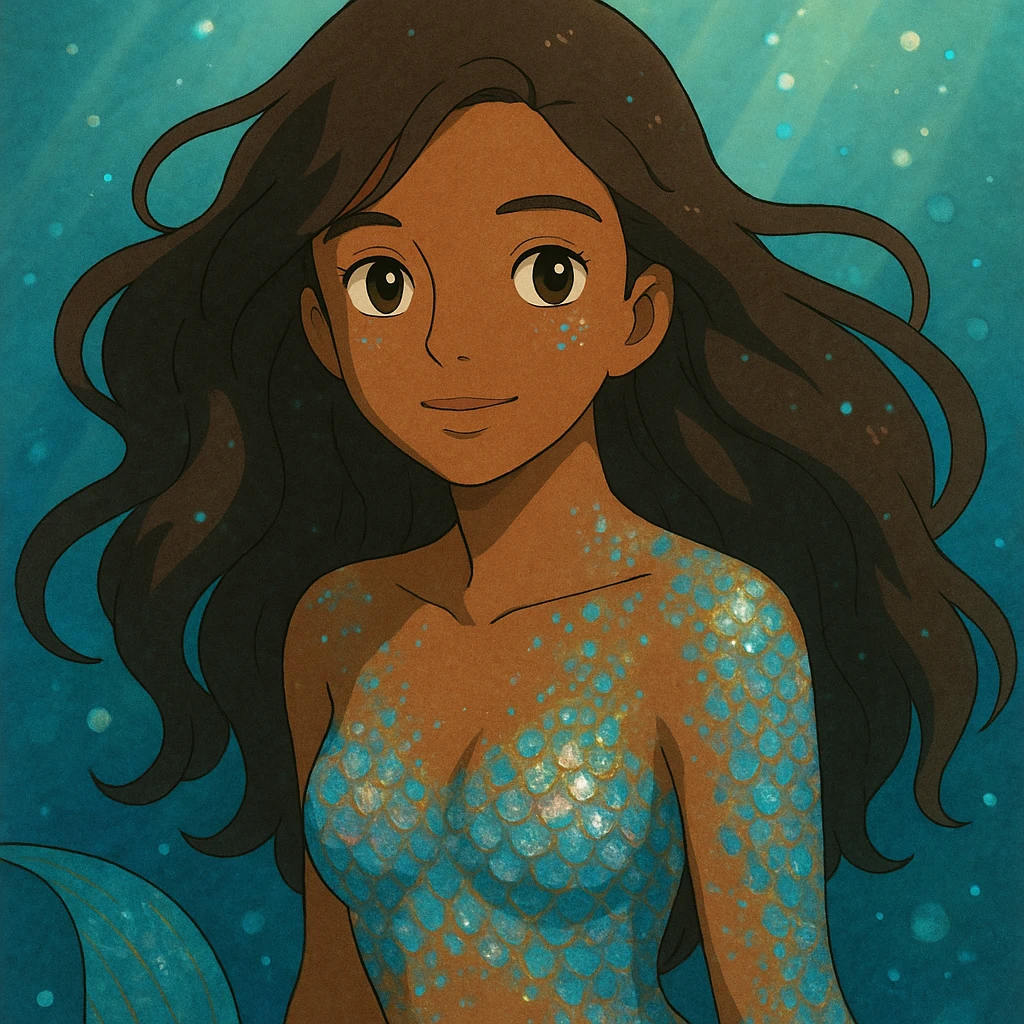 close-up of a mermaid with brown skin, sparkling iridescent scales, dreamy underwater background, ghibli style emoji