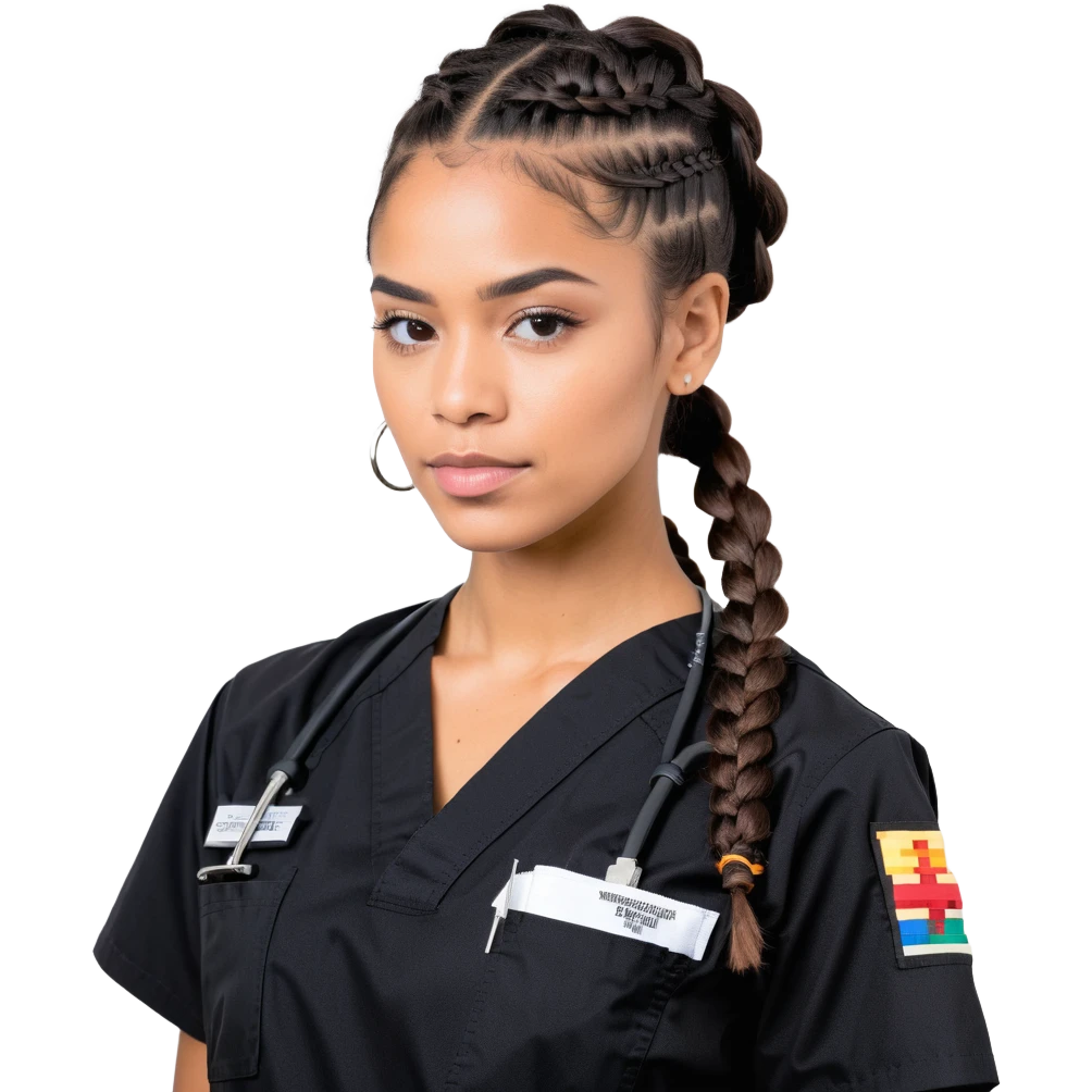 A 40-year-old Latina woman with light brown skin, working as a car mechanic, wearing all black mechanic scrubs, with two braids pulled back from her head emoji