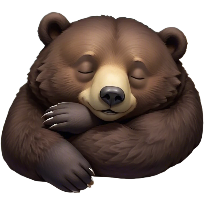 Meme-Worthy Cute Sleeping Bear Portrait Emoji, Head resting peacefully with a contented smile, showcasing a massive, robust build and a luxuriously soft dark brown fur, eyes shut in a serene, restful nap, Simplified yet hilariously adorable features, highly detailed, glowing with a soft, drowsy light, high shine, relaxed and utterly lovable, stylized with an air of playful laziness, bright and heartwarming, soft glowing outline, capturing the essence of a comically sleepy bear, so meme-worthy it feels like it could instantly become the next viral sensation of adorable slumber! emoji