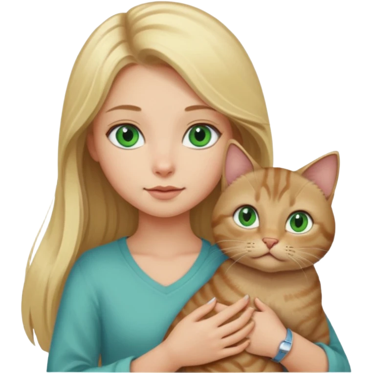 blonde girl with long blonde hair and blue eyes with tabby brown cat with green eyes and chubby gray cat with big green eyes emoji