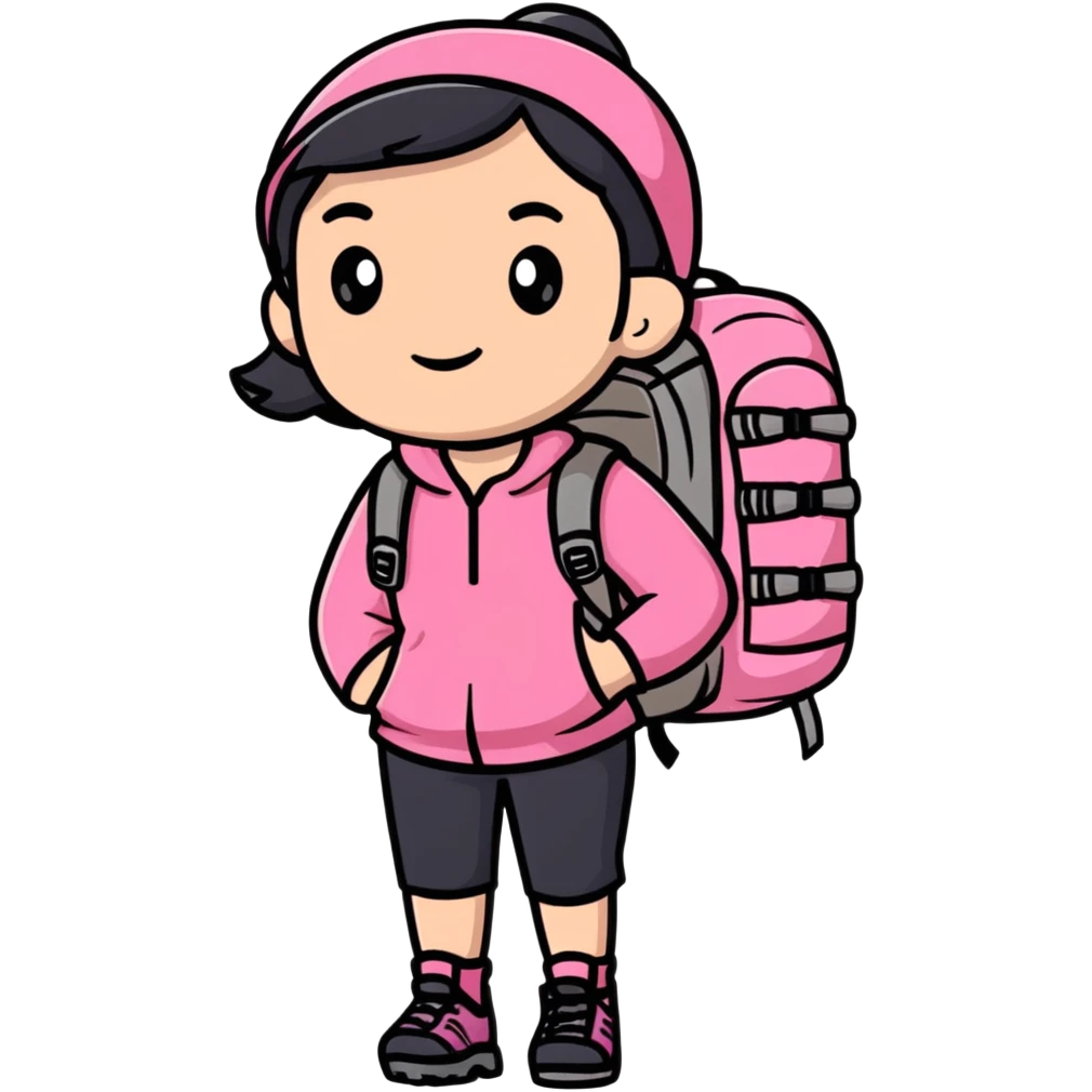 woman wearing pink clothes with hiking backpack emoji