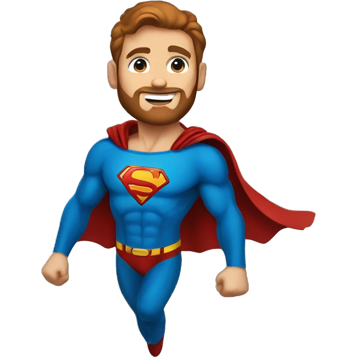 Flying superman with redish brownish hair, blue eyes, trimmed beard emoji