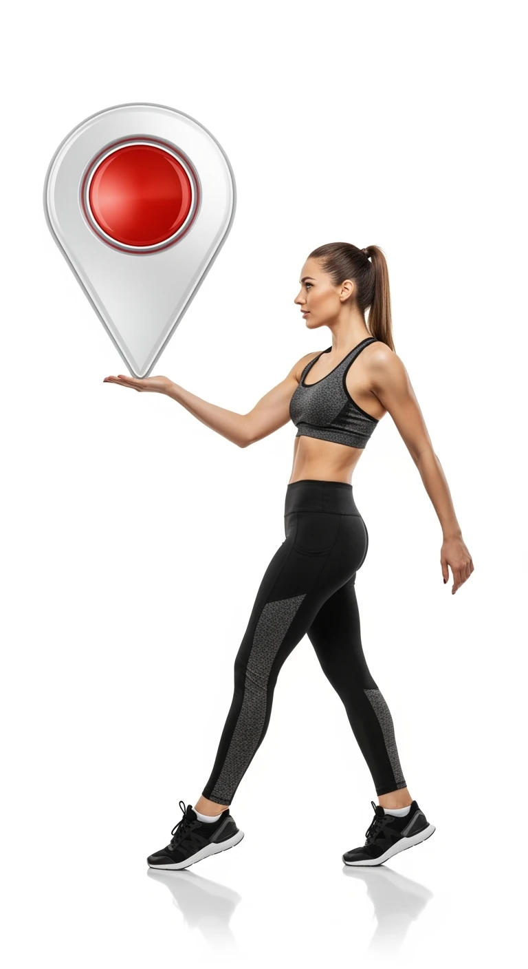 DONNA FITNESS CHE CAMMINA DI PROFILO CON SIMBOLO DI POSIZIONE IN 3D IN MANO, POSA FRONTALE, ISOLATA SU SFONDO BIANCO emoji