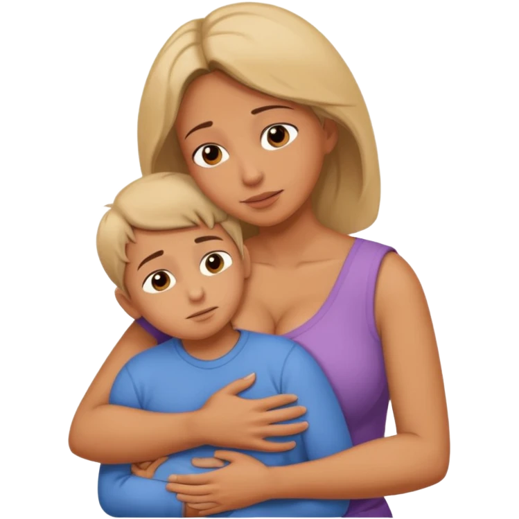 A large breasted mother hugs and comforts her son. emoji