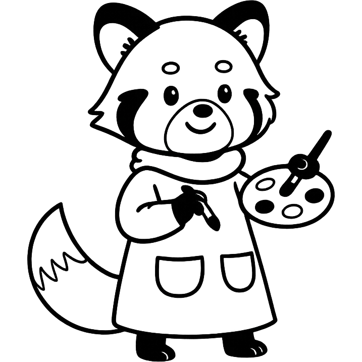 Red panda with brush and pallet, doodle style emoji