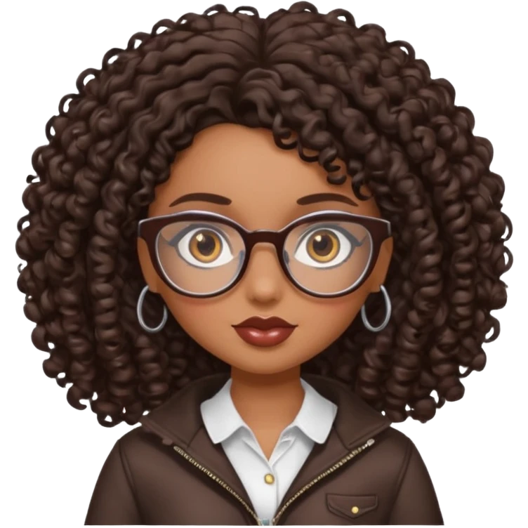 pretty bratz baddie, dark brown curly hair, brown eyes, glasses emoji