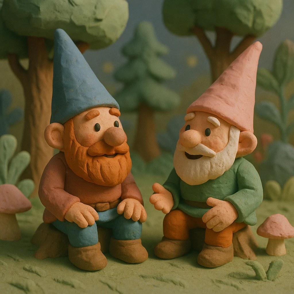 two gnomes in a forest, sitting side by side, chatting, magical atmosphere, pastel colors, claymation style emoji