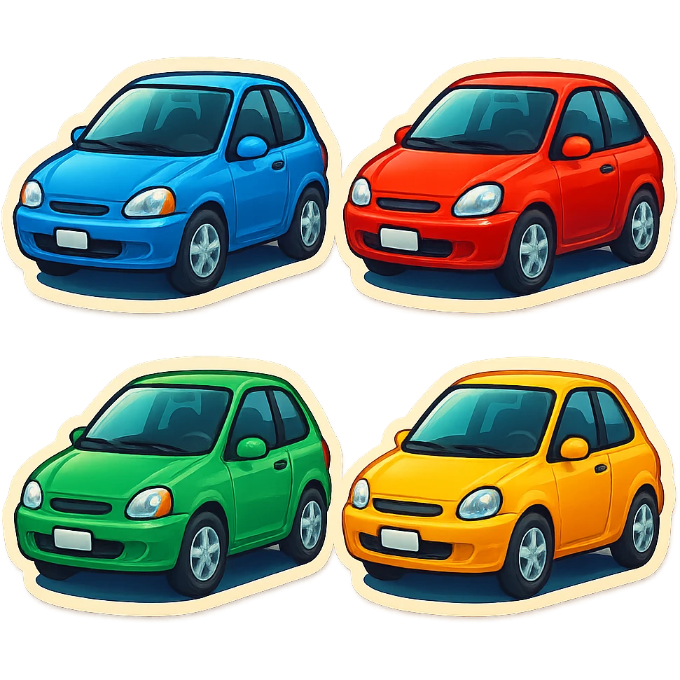 Create a set of car emojis in a similar style to the provided image, with variations in colors and slightly different shapes. Include blue, red, green, and yellow cars. The style is retro stickers. Remove the background. emoji