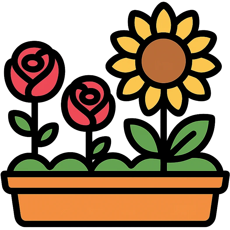 flower bed featuring roses and sunflowers, minimal background, color outline icon style emoji