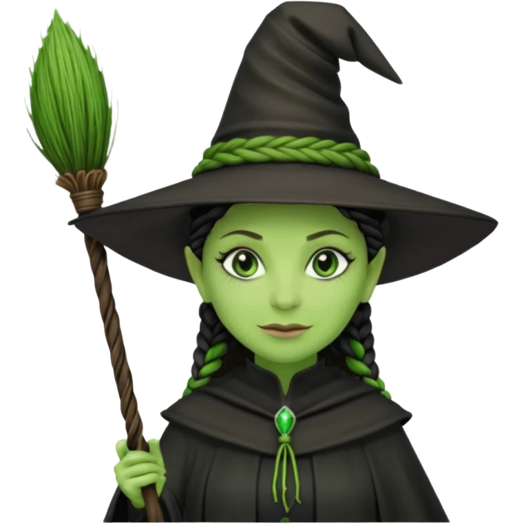 elphaba the wicked witch from wicked movie (cynthia erivo) microbraid hair, witch hat, broom emoji
