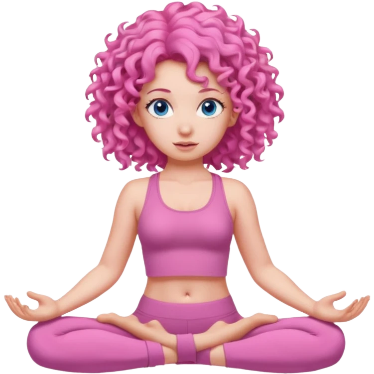 Girl in all pink yoga outfit with pink curly hair and blue eyes shrugging  emoji