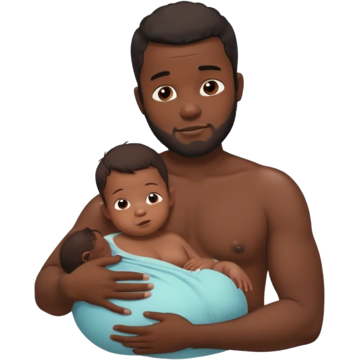 A shirtless pregnant burly black man breastfeeding his baby,  thd baby is suckling on his nipple emoji