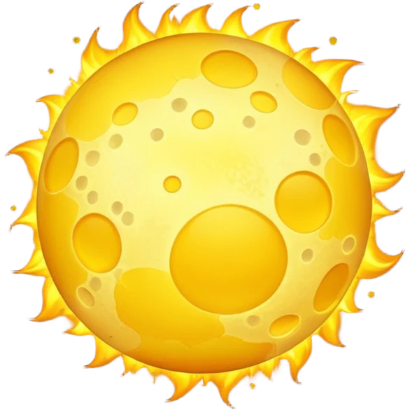 burning yellow ball of light emoji, glowing with a yellow-white hue, mottled by dark sunspots and bright granules from convective currents, radiant, fiery, simple and round, no face, no text emoji