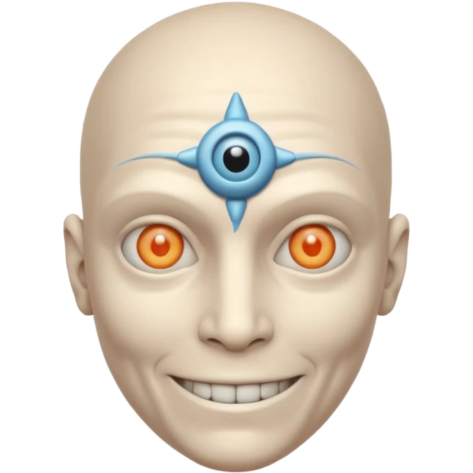 mutant test subject portrait, head and shoulders only, third eye on forehead, pale skin, creepy calm smile, lab experiment style, 3D cartoon, mobile game icon style, clean background, no text, no watermark

 emoji