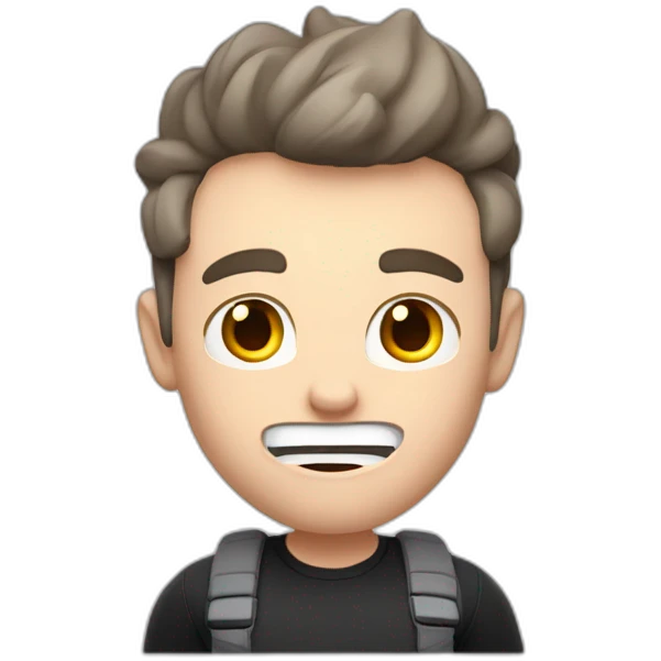 amazed Open with surprise mouth Pale skinned Fit Man With the biceps and dark brown hair in black shirt, gray sports shorts and white Sneakers emoji