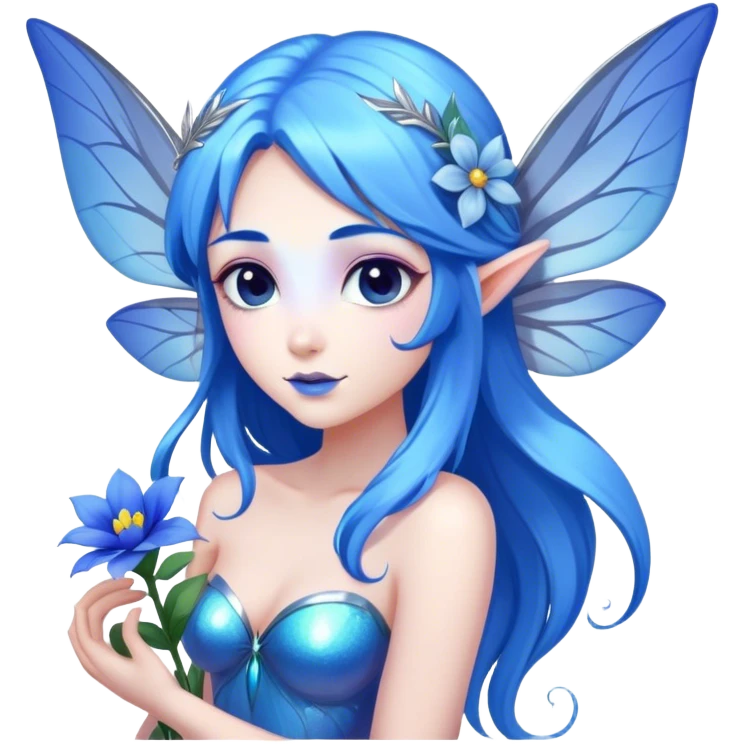 Beautiful, blue flower, fairy, blue, silver, purple, long hair, big wings, blue hair  emoji