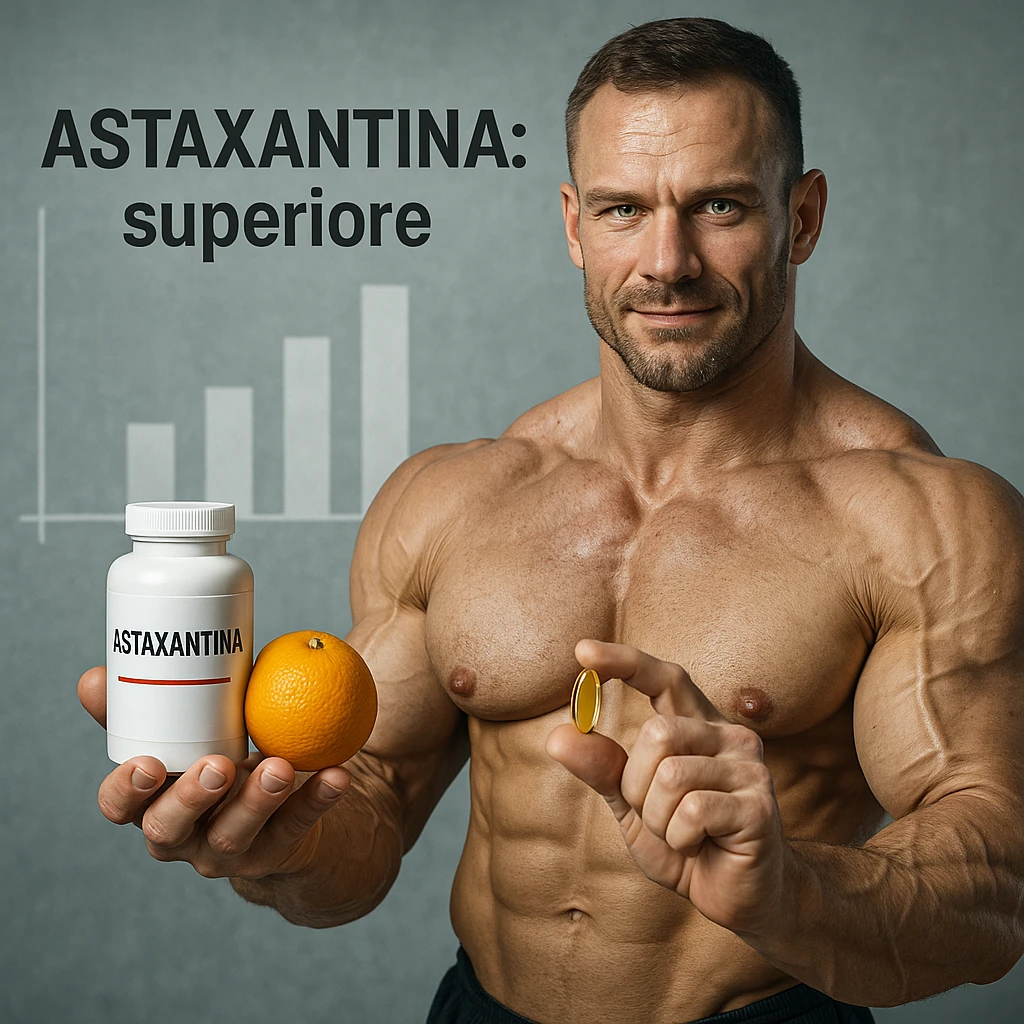 hyper realistic bodybuilder holding Astaxantina and orange in one hand, golden capsule in the other, visible muscles, bar chart, text 'Astaxantina: superiore', scientific atmosphere emoji