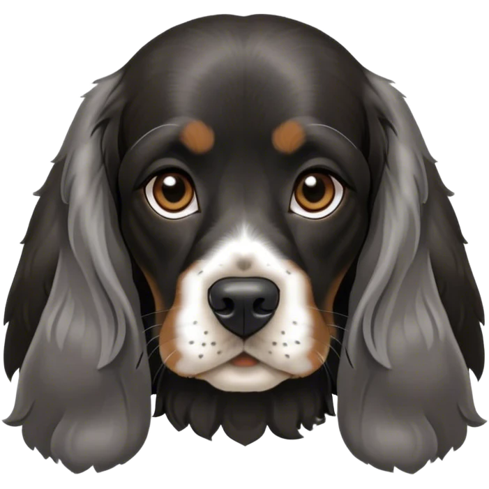 english cocker spaniel black and dark silver with long ears and sitting without baby face emoji