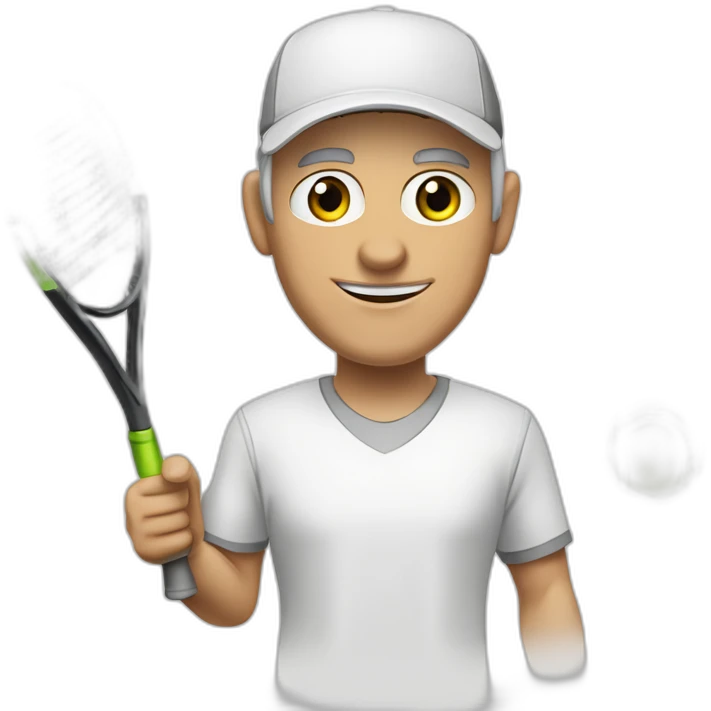 Tennisplayer green-eyed white-male in his 50s,gray-hear, gray-knob, white cap and white-shirt with tennis-raquet and tennis-ball emoji
