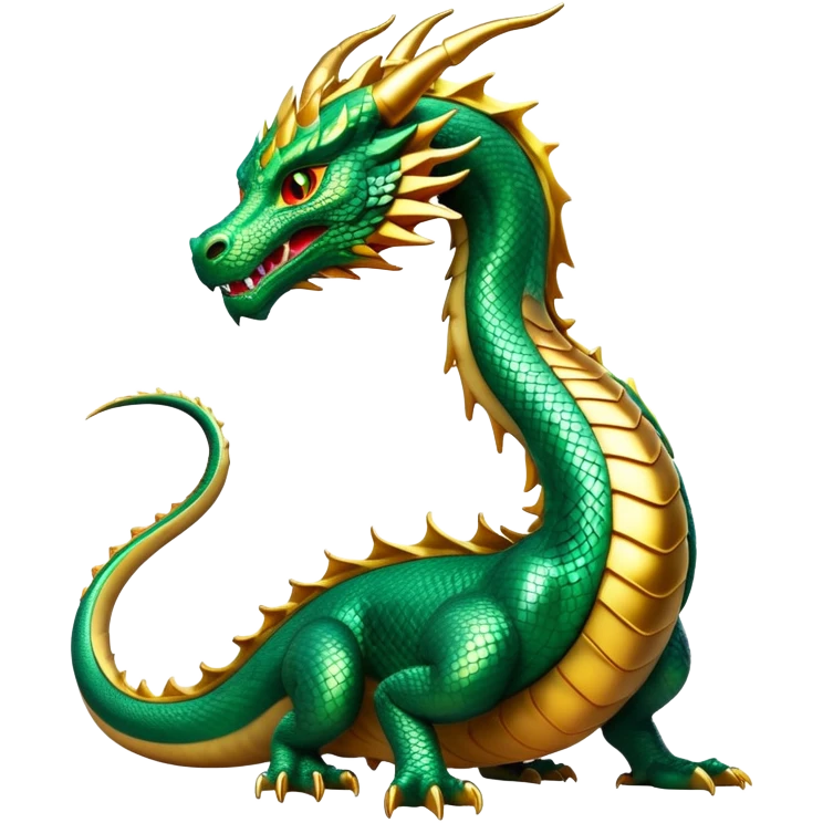 cinematic-noble-dragon-full body-emoji,-poised-and-majestic,-with-a-sinuous,-elongated-build-and-shimmering,-scale-covered-skin-in-hues-of-emerald-and-gold,-piercing,-fiery-eyes,-simplified-yet-sharp-and-sophisticated-features,-highly-detailed, zoomed out showing the serpentine body emoji