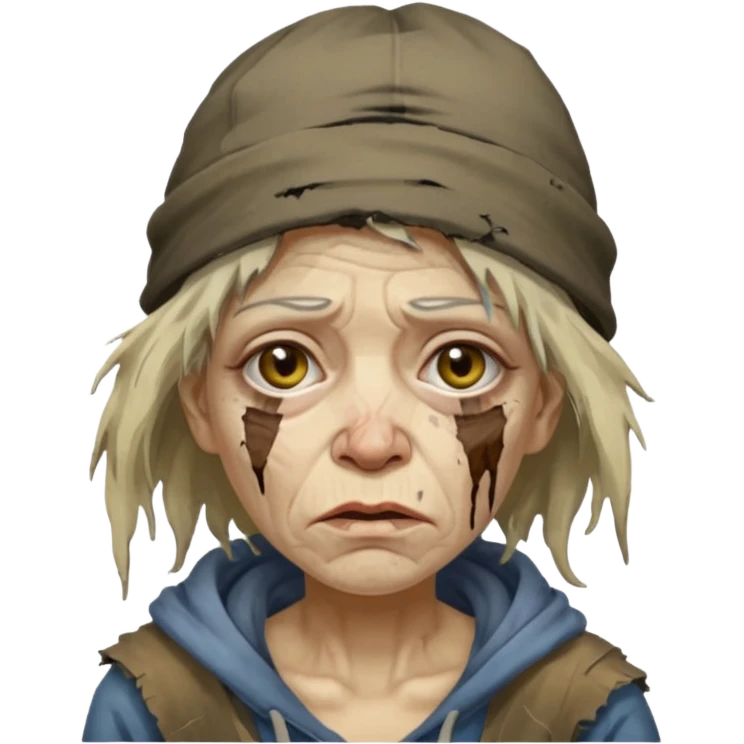 very dirty looking homeless woman with ripped hat and smudged face with ugly hair emoji