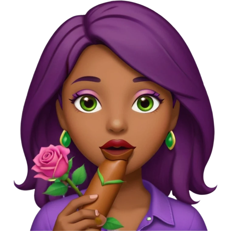 Big brown Puerto Rican skin colored DILDO  inside a juicy mouth that has lips shaped like rose buds  with blackish purple hair and Italian skin color with green almond shapes eyes, magical mouth with of mouth  emoji