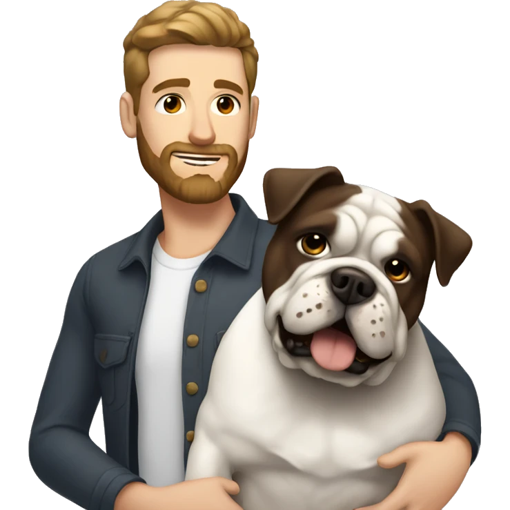 White man with dark brown hair and dark brown beard holding white bulldog  emoji