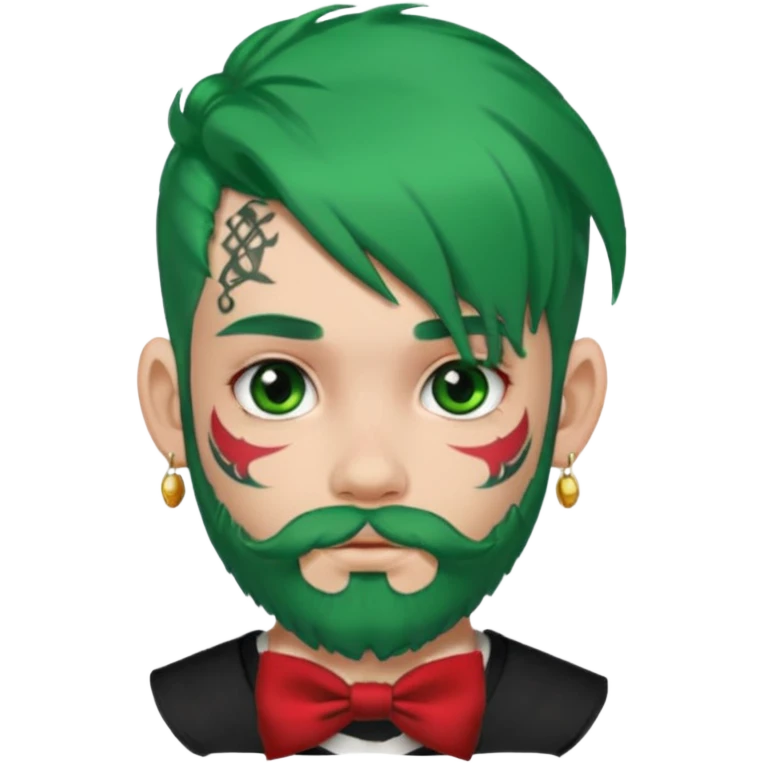 boy with bangs and green hair and red hairbow on side and earrings and very heavy face tattoos and beard emoji