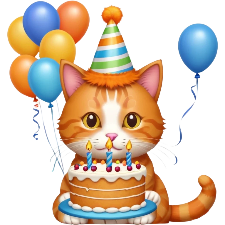 Ginger cat celebrates birthday, birthday hat, birthday cake, balloons, happy, gifts emoji