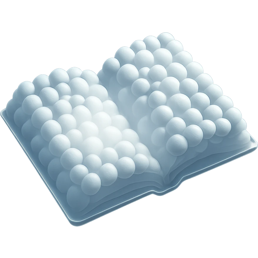 top view of a thick open book made entirely of small, very bright white fluffy convex clouds, matte glass style emoji