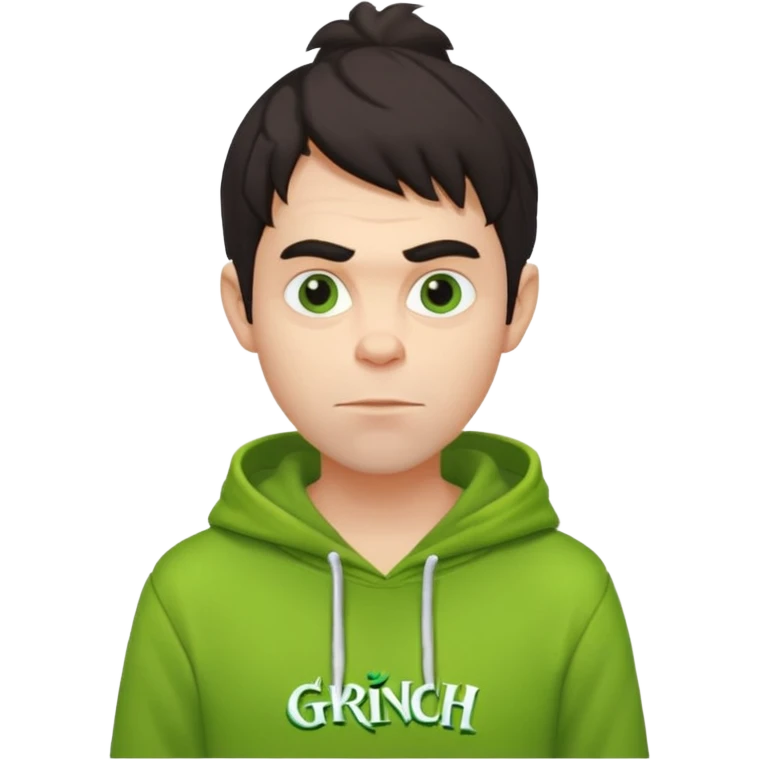 Create an avatar of white Europeanwith dark hair  male in hoodie with ``BST`` letters on it. Make background to look like from movie Grinch emoji