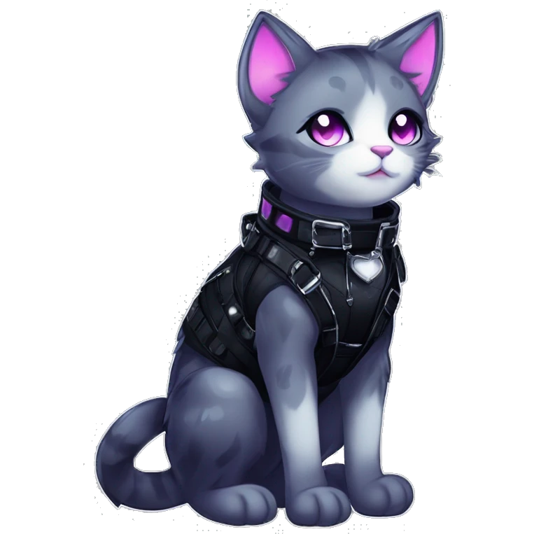Gorgeous sparkly legendary shiny gradient gothic dark techwear anime style anthro cat with blushing face aesthetic and pretty edgy black with collar and harness trending style emoji