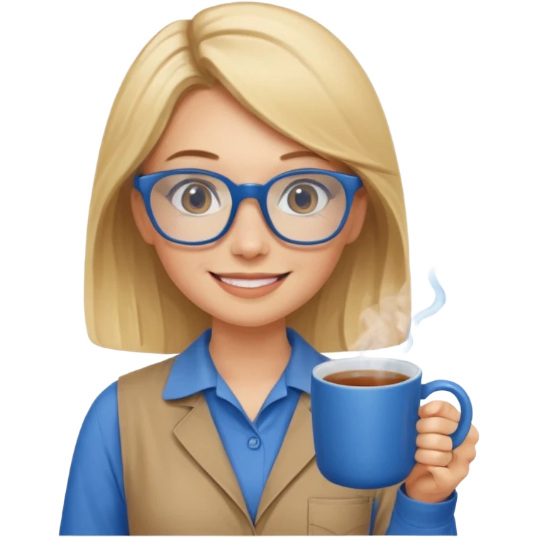 Blonde haired women with blue glasses and a brown worksuit on holding a blue mug of tea and smiling. emoji