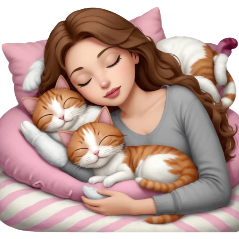 girl with long wavy brown hair, brown eyes, long lashes makeup, sexy pink lips, light to medium complexion,  sleeping on a cozy pillow, with 6 cats: 1 brown and white tabby cat, 1 ginger and white, 2 grey and white, 1 grey with white mittens and small white patch on chest and 1 calico, sleeping emoji