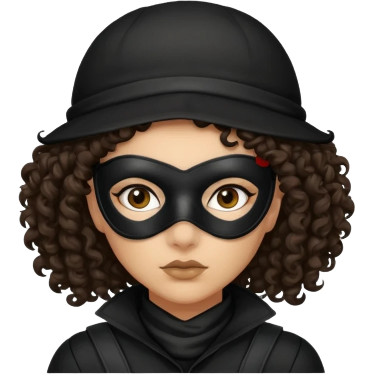 woman with robber mask concerned dark curly hair and robber outfit emoji