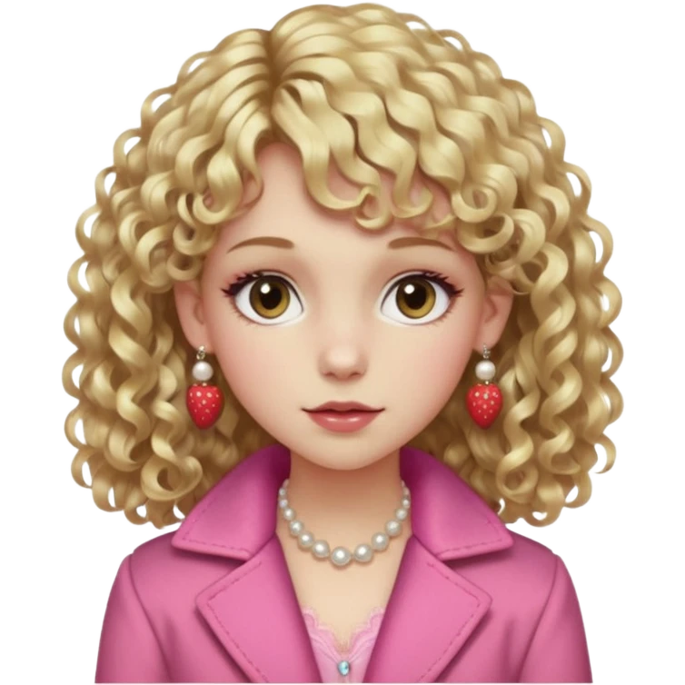 pale girl , who has curly medium length blonde and curly bangs, narrowed hazel eyes , slightly dark but shiny brown shadow, in a dark brown jacket with fur on the shoulders , wearing a pink laced camisole, wearing pearl earrings, wearing a strawberry hairclip emoji