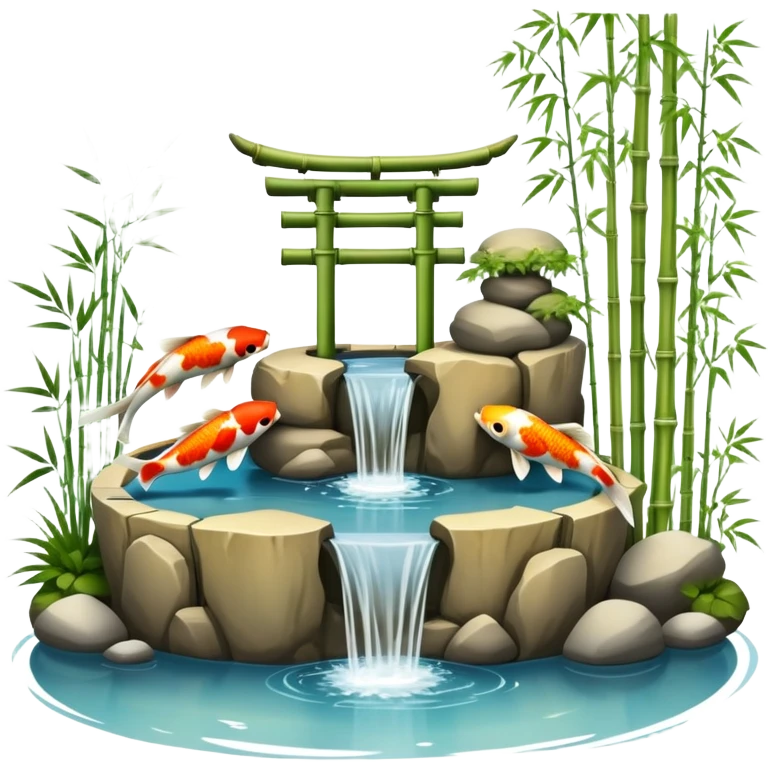Romantic Asian koi fish pond and bamboo fountain scenic scenery landscape deco emoji