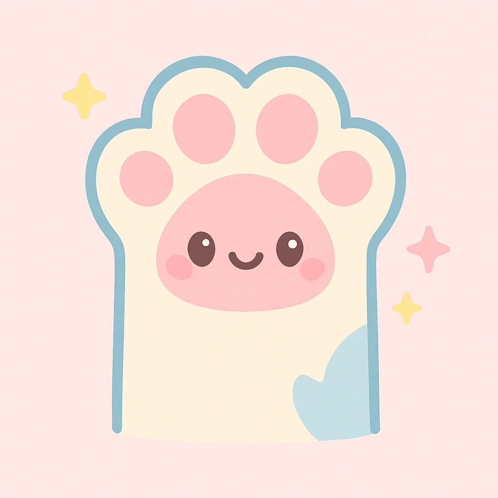fluffy cat paw, pastel pink and blue, kawaii style, sparkles, cute expression emoji
