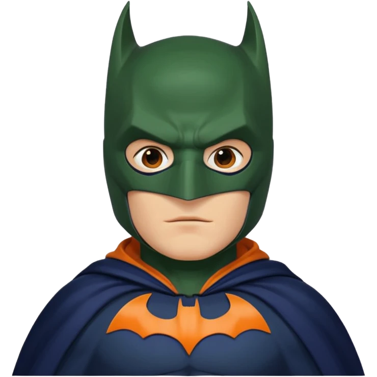 generate a batman emoji with just the face and neck showing and part of the cloak and and wings. Shade the bat logo on the chest in a medium green with a slight olive touch. Shade the mask in dark navy blue. Shade the cloak in a solid vibrant orange.

 emoji