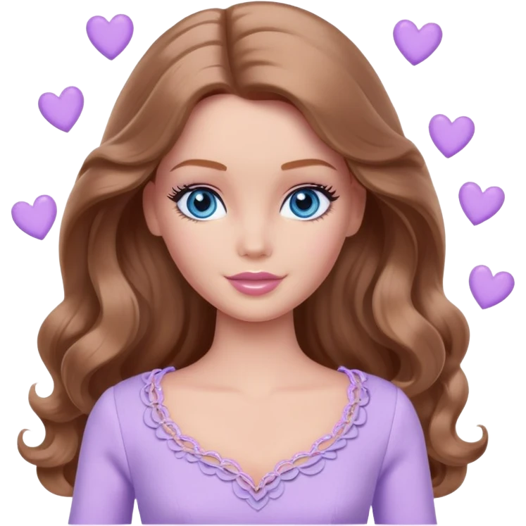 There are grey hearts all around Barbie girl Chestnut long wavy hair and blue eyes is In pale purple clothes emoji
