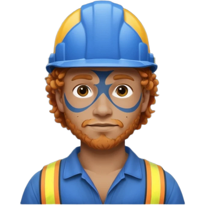 construction worker man ginger curly hair, blue helmet, very heavy dark face tattoo emoji