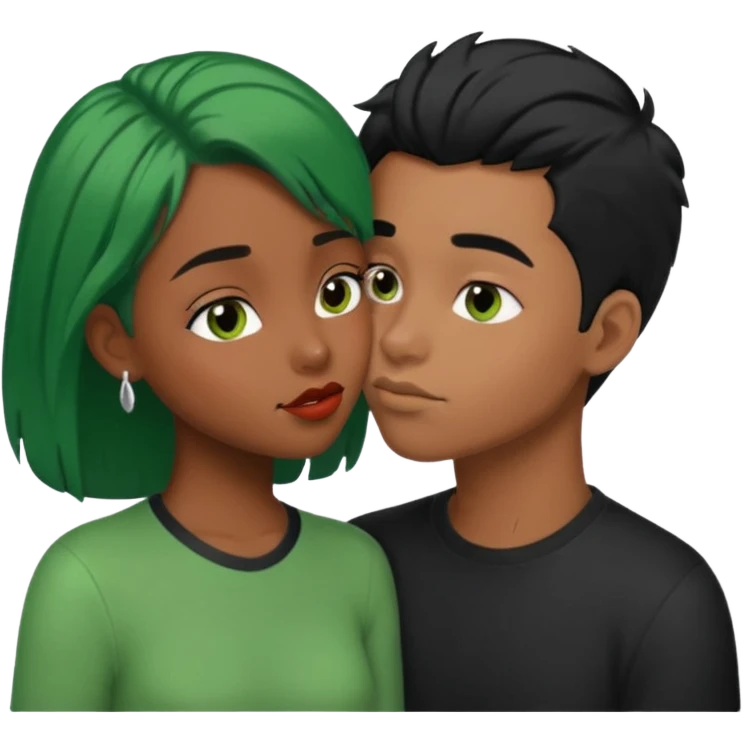 Black girl with green hair kissing white boy black hair emoji